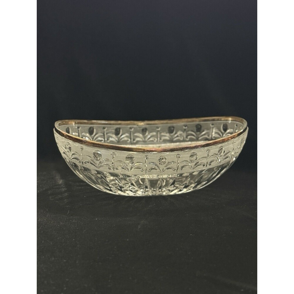 Vintage Hand-Cut Crystal Boat Shaped Serving Bowl 24 KG Gold Trim Glass Read
